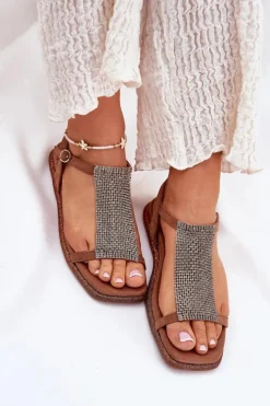 Płaskie Eleganckie Sandały Damskie Z Kryształkami Artiker 56C1365 Brązowe