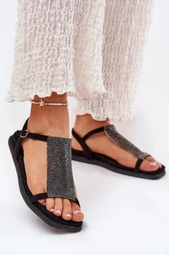 Płaskie Eleganckie Sandały Damskie Z Kryształkami Artiker 56C1370 Czarne