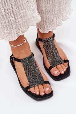 Płaskie Eleganckie Sandały Damskie Z Kryształkami Artiker 56C1370 Czarne