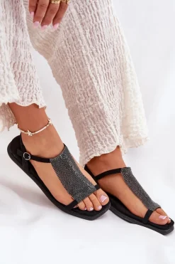 Płaskie Eleganckie Sandały Damskie Z Kryształkami Artiker 56C1370 Czarne