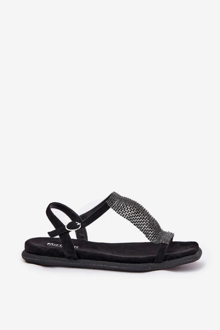 Płaskie Eleganckie Sandały Damskie Z Kryształkami Artiker 56C1370 Czarne