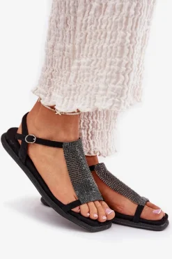 Płaskie Eleganckie Sandały Damskie Z Kryształkami Artiker 56C1370 Czarne