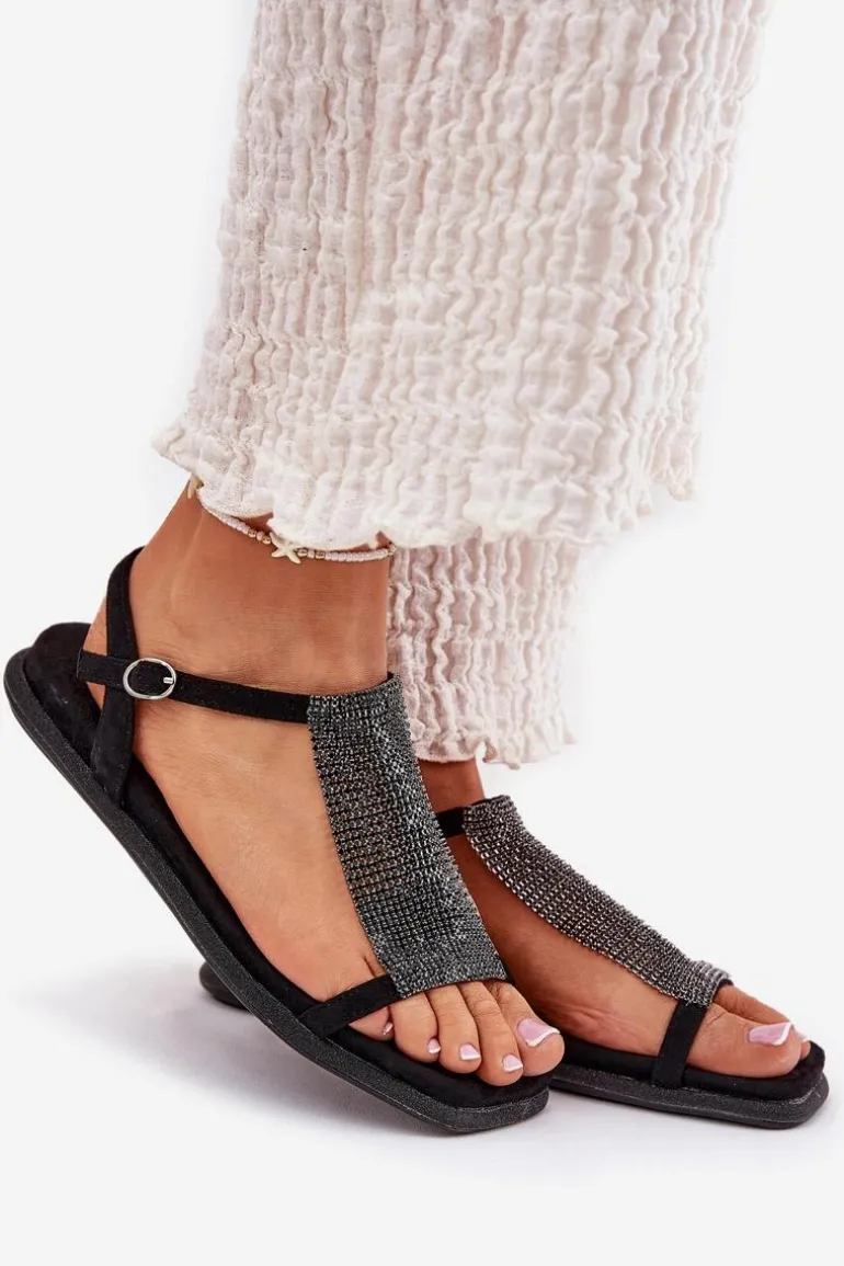 Płaskie Eleganckie Sandały Damskie Z Kryształkami Artiker 56C1370 Czarne