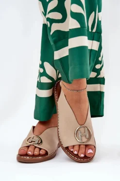 Płaskie Eleganckie Sandały Z Ozdobą Beżowe Iseliria