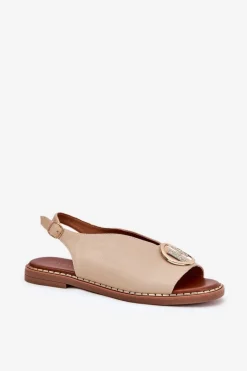 Płaskie Eleganckie Sandały Z Ozdobą Beżowe Iseliria