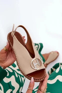 Płaskie Eleganckie Sandały Z Ozdobą Beżowe Iseliria