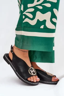 Płaskie Eleganckie Sandały Z Ozdobą Czarne Iseliria