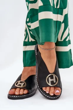 Płaskie Eleganckie Sandały Z Ozdobą Czarne Iseliria