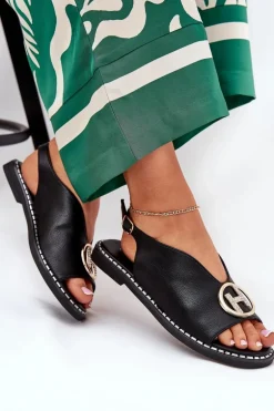 Płaskie Eleganckie Sandały Z Ozdobą Czarne Iseliria