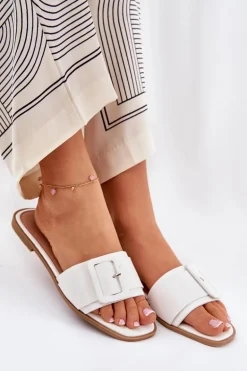 Płaskie Klapki Damskie Eko Skórzane Z Klamrą Białe Bamma