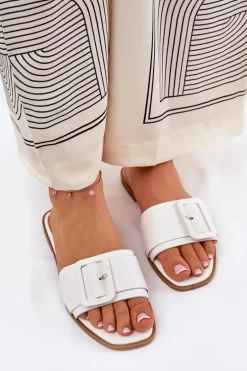 Płaskie Klapki Damskie Eko Skórzane Z Klamrą Białe Bamma