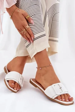 Płaskie Klapki Damskie Eko Skórzane Z Klamrą Białe Bamma