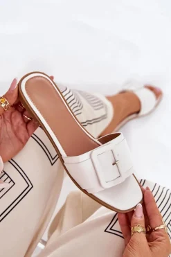 Płaskie Klapki Damskie Eko Skórzane Z Klamrą Białe Bamma