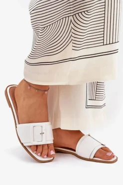 Płaskie Klapki Damskie Eko Skórzane Z Klamrą Białe Bamma