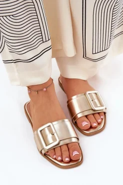 Płaskie Klapki Damskie Eko Skórzane Z Klamrą Złote Bamma