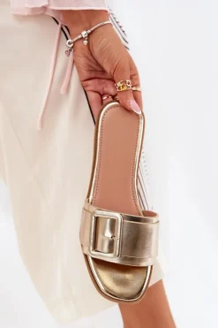 Płaskie Klapki Damskie Eko Skórzane Z Klamrą Złote Bamma