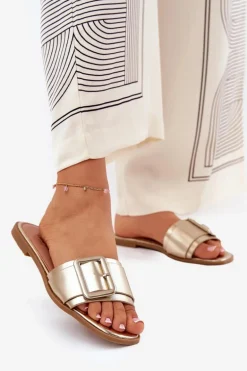 Płaskie Klapki Damskie Eko Skórzane Z Klamrą Złote Bamma