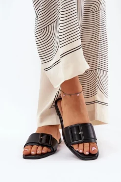 Płaskie Klapki Damskie Eko Skórzane Z Klamrą Czarne Bamma