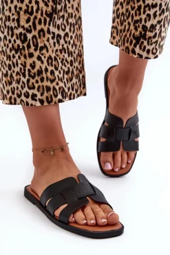 Płaskie Klapki Damskie Z Eko Skóry Czarne Risamay