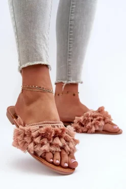 Płaskie Klapki Damskie Z Frędzlami Brudny Róż Rialle