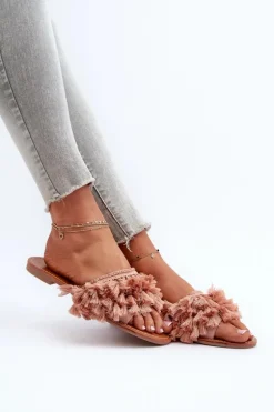 Płaskie Klapki Damskie Z Frędzlami Brudny Róż Rialle