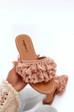 Płaskie Klapki Damskie Z Frędzlami Brudny Róż Rialle