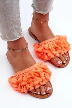 Płaskie Klapki Damskie Z Frędzlami Pomarańczowe Rialle