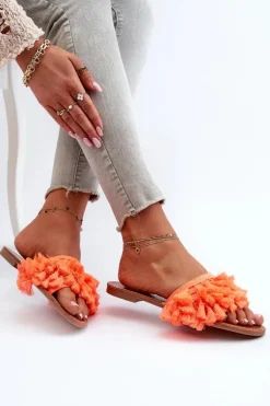 Płaskie Klapki Damskie Z Frędzlami Pomarańczowe Rialle