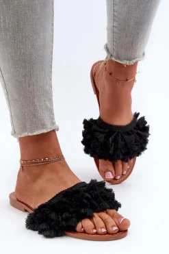 Płaskie Klapki Damskie Z Frędzlami Czarne Rialle