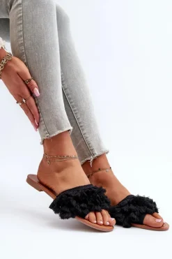 Płaskie Klapki Damskie Z Frędzlami Czarne Rialle
