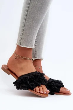 Płaskie Klapki Damskie Z Frędzlami Czarne Rialle