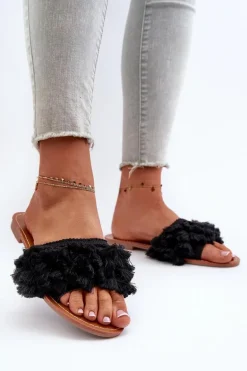 Płaskie Klapki Damskie Z Frędzlami Czarne Rialle