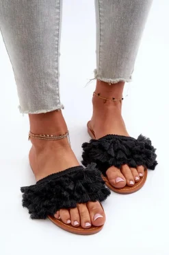 Płaskie Klapki Damskie Z Frędzlami Czarne Rialle