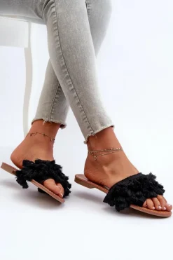 Płaskie Klapki Damskie Z Frędzlami Czarne Rialle