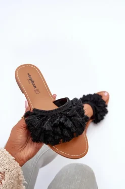 Płaskie Klapki Damskie Z Frędzlami Czarne Rialle