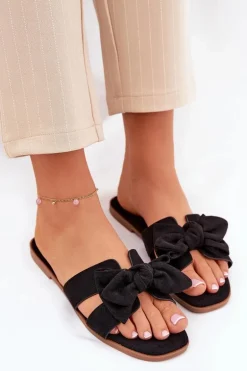 Płaskie Klapki Damskie Z Kokardką Czarne Tobin