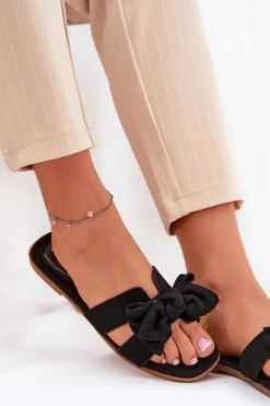 Płaskie Klapki Damskie Z Kokardką Czarne Tobin