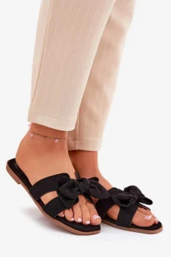 Płaskie Klapki Damskie Z Kokardką Czarne Tobin