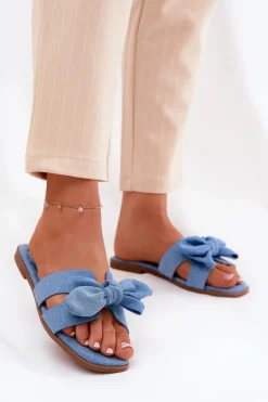 Płaskie Klapki Damskie Z Kokardką Niebieskie Tobin