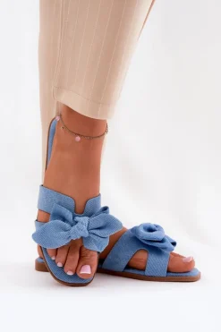 Płaskie Klapki Damskie Z Kokardką Niebieskie Tobin