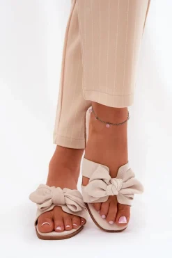 Płaskie Klapki Damskie Z Kokardką Beżowe Tobin