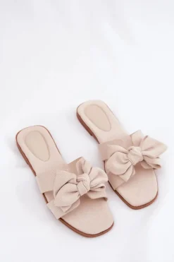 Płaskie Klapki Damskie Z Kokardką Beżowe Tobin