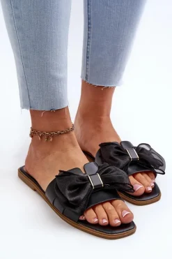 Płaskie Klapki Damskie Z Kokardą Czarne Balinda