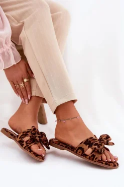 Płaskie Klapki Damskie Z Kokardką Panterka Brązowe Tobin
