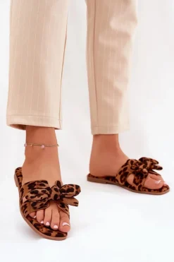 Płaskie Klapki Damskie Z Kokardką Panterka Brązowe Tobin