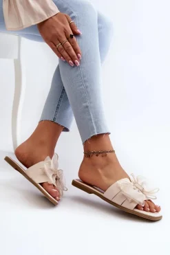 Płaskie Klapki Damskie Z Kokardą Beżowe Balinda