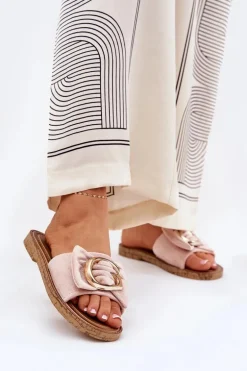 Płaskie Klapki Damskie Z Ozdobnym Detalem Różowe Nellodra