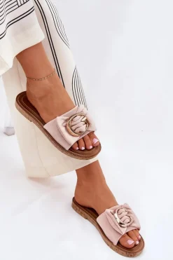 Płaskie Klapki Damskie Z Ozdobnym Detalem Różowe Nellodra