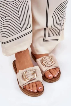 Płaskie Klapki Damskie Z Ozdobnym Detalem Beżowe Nellodra