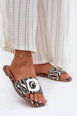 Płaskie Klapki Damskie Z Ozdobną Klamrą Zebra Clariola